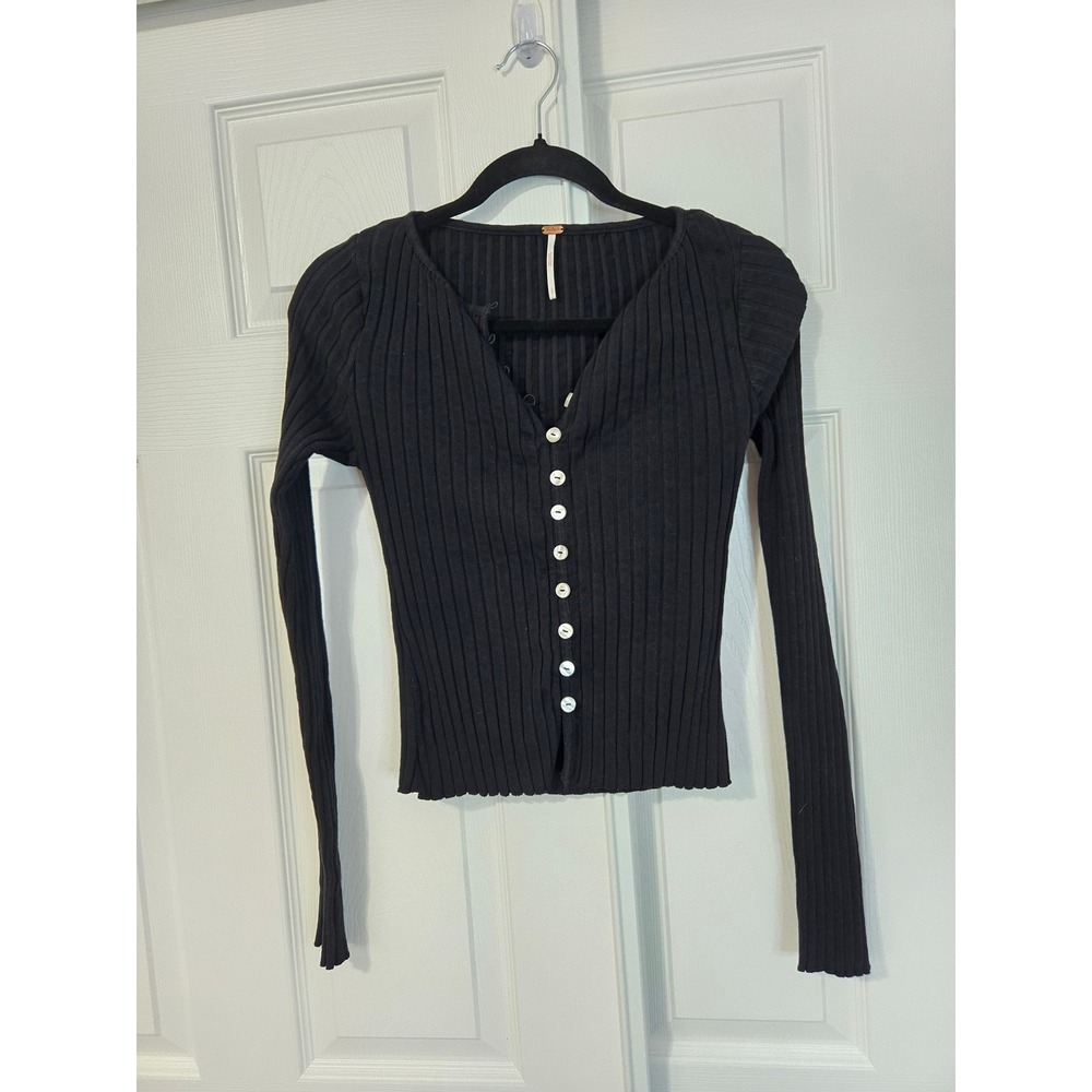 Free People Black Ribbed Knit Button Front V-Neck Cardigan Top Small